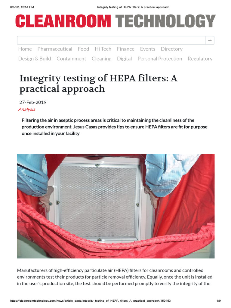 Integrity Testing of HEPA Filters - A Practical Approach | PDF
