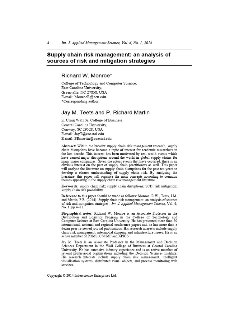 Supply Chain Risk Management Insights | PDF | Risk | Supply Chain