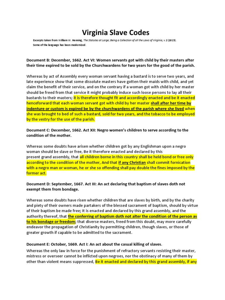 Virginia Slave Codes Overview | PDF | Mulatto | Slavery
