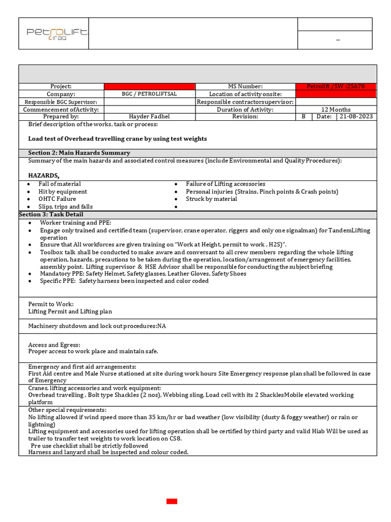 Safe Work Method for Crane Load Testing | PDF | Crane (Machine ...