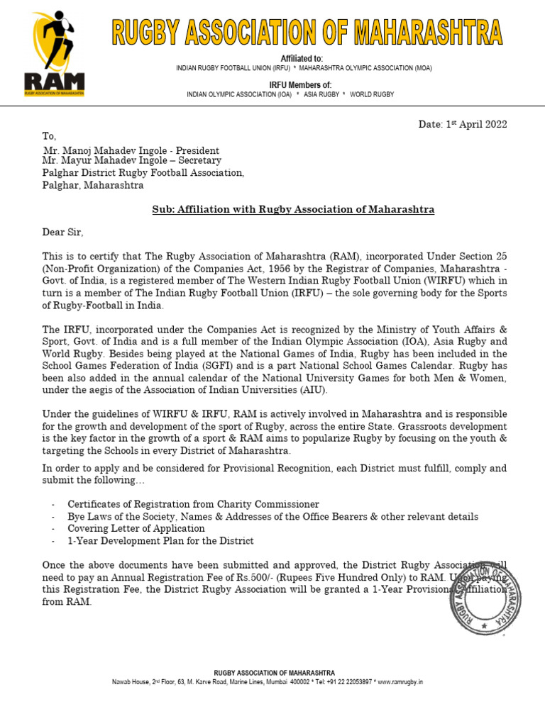 Rugby Affiliation Guidelines for Districts | PDF
