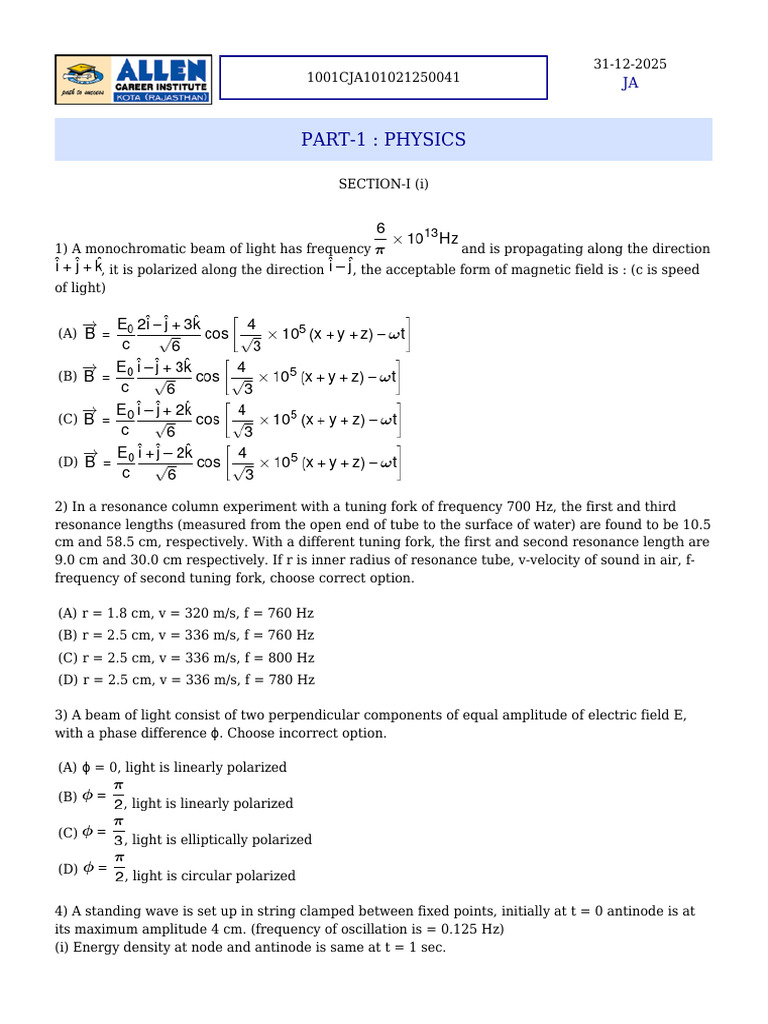 Physics and Chemistry Exam Questions | PDF | Polarization (Waves) | Waves