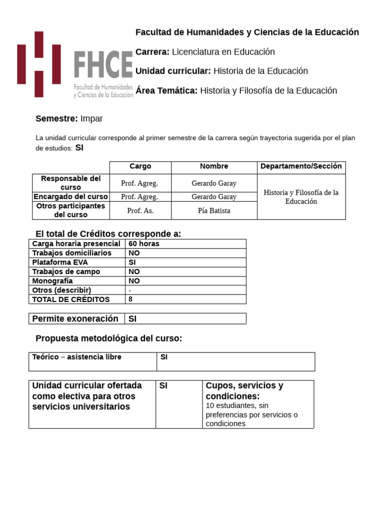Historia de la Educación: Curso Impar | PDF | Plan de estudios ...