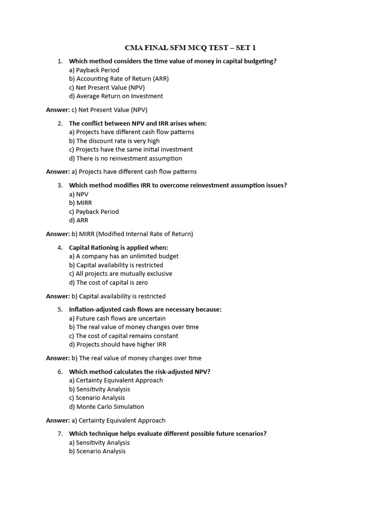 CMA SFM MCQ Test Set 1 | PDF | Financial Risk | Net Present Value