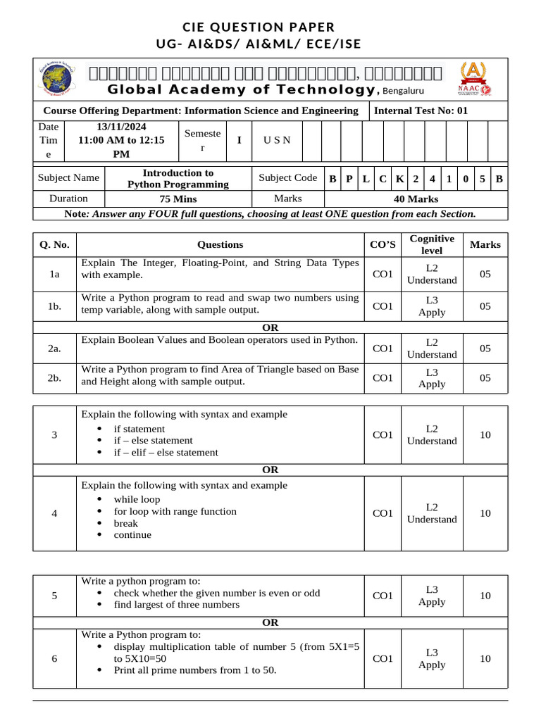 Python Programming Internal Test Paper | PDF | Control Flow | Python ...