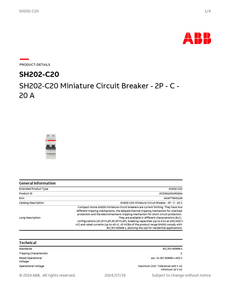 SH202-C20 Miniature Circuit Breaker 20A | PDF | Electrical Engineering ...