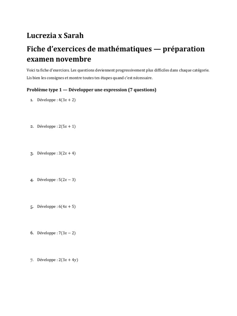 Fiche d'exercices de maths pour examen | PDF | Mathématiques ...