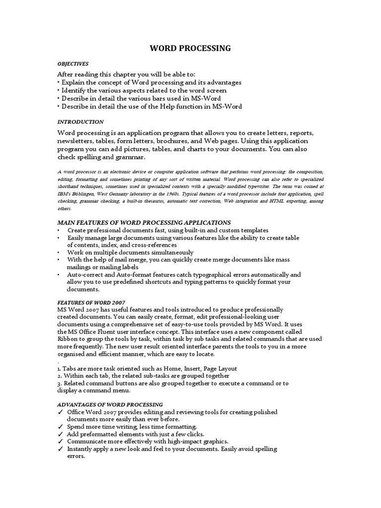 Word Processing Basics and MS Word 2007 Features | PDF | Word Processor ...