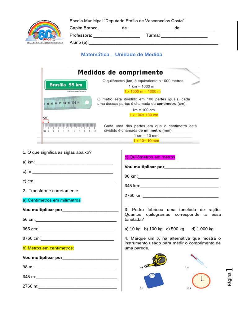 Exercícios de Matemática: Unidades de Medida | PDF | Metro | Quilograma