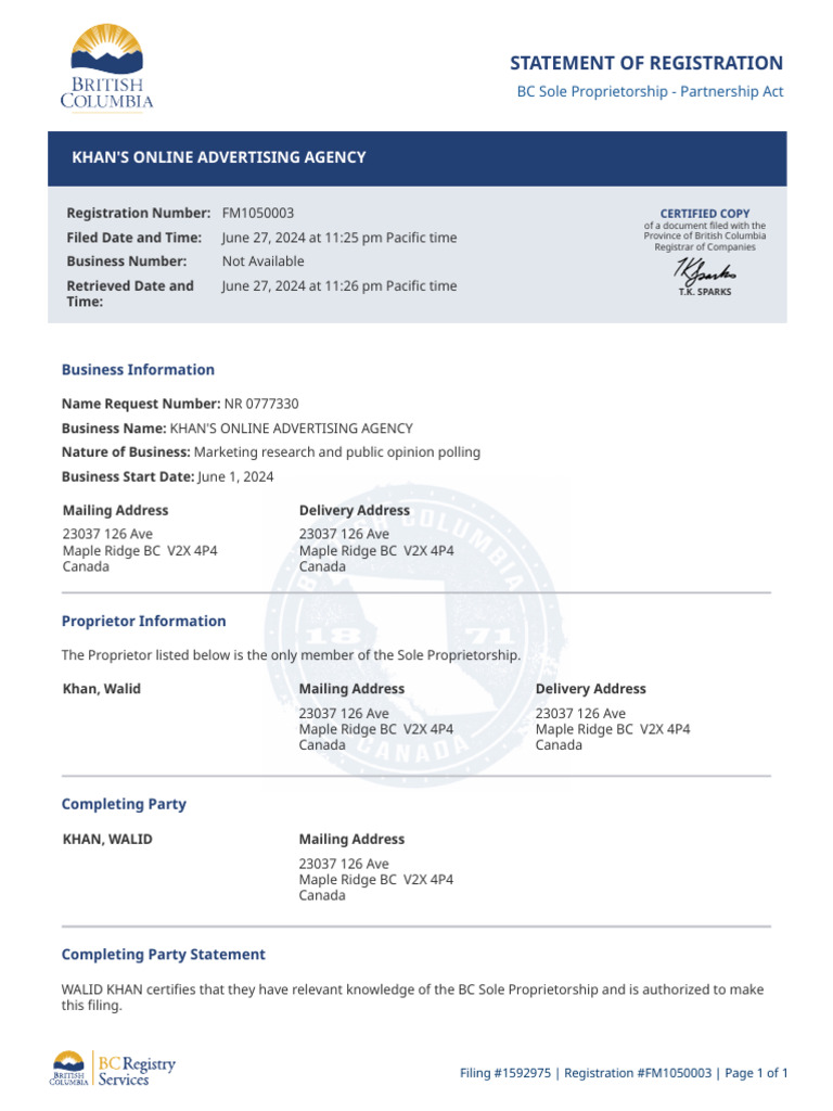 BC Sole Proprietorship Registration: Khan's Online Advertising Agency | PDF