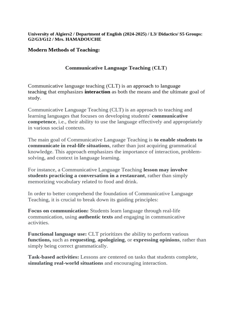 Communicative Language Teaching | PDF | Education Theory | Applied ...