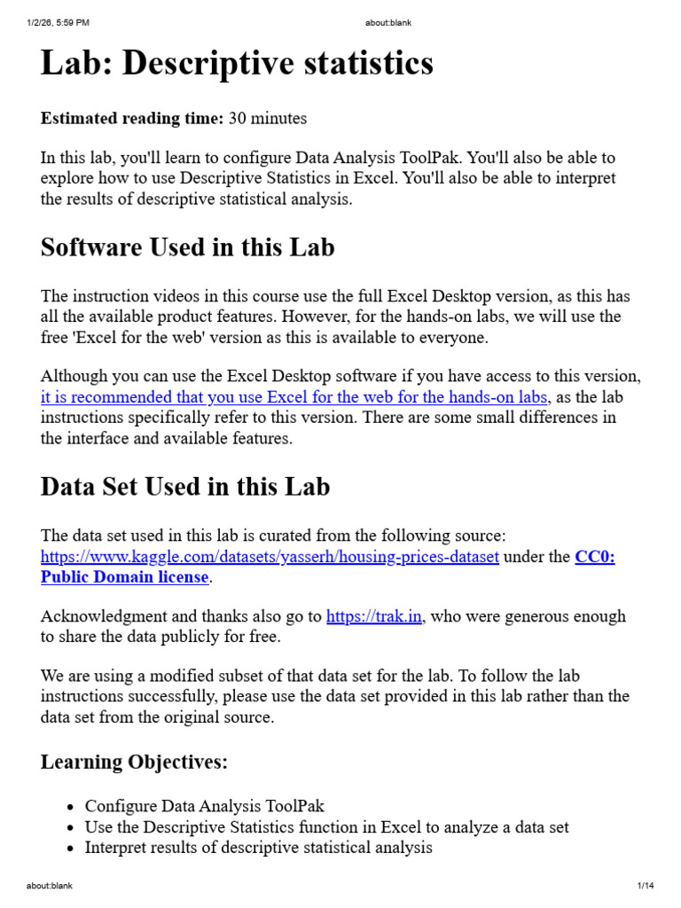 Excel Descriptive Statistics Lab Guide | PDF | Descriptive Statistics ...