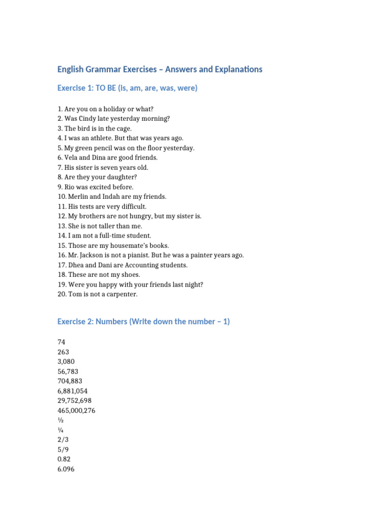 English Grammar Exercises Complete Answers | PDF