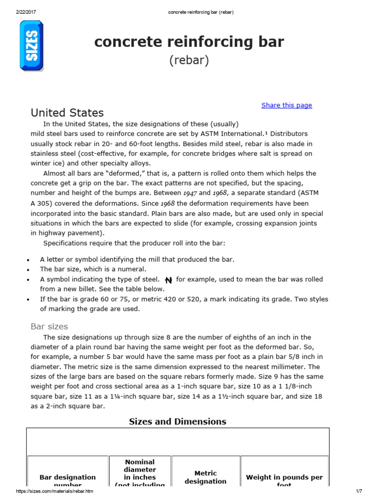 Rebar Sizes and Specifications Guide | PDF | Civil Engineering ...