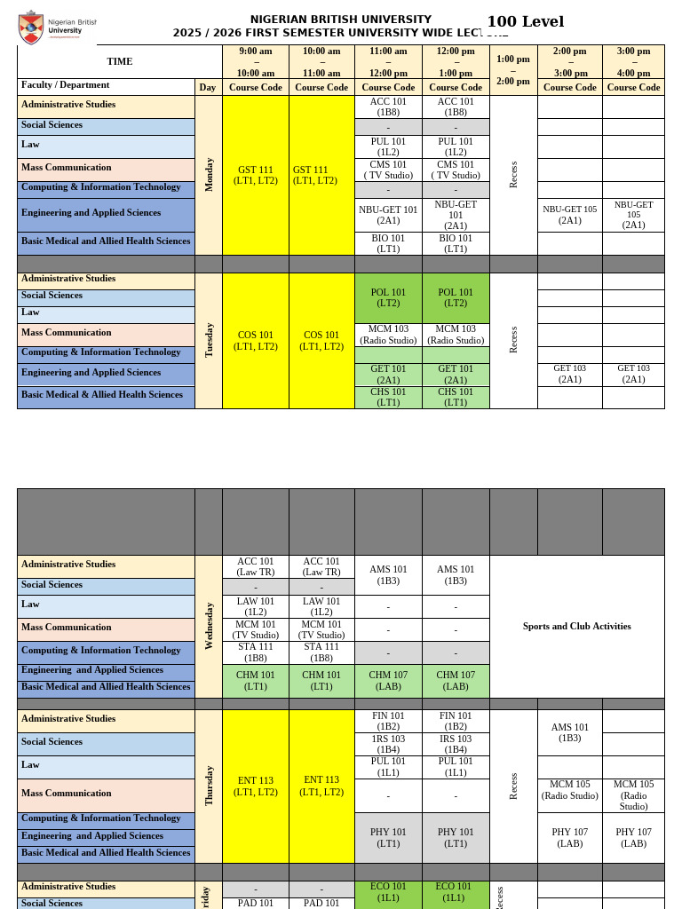 2025/26 100 Level Course Schedule | PDF | Science