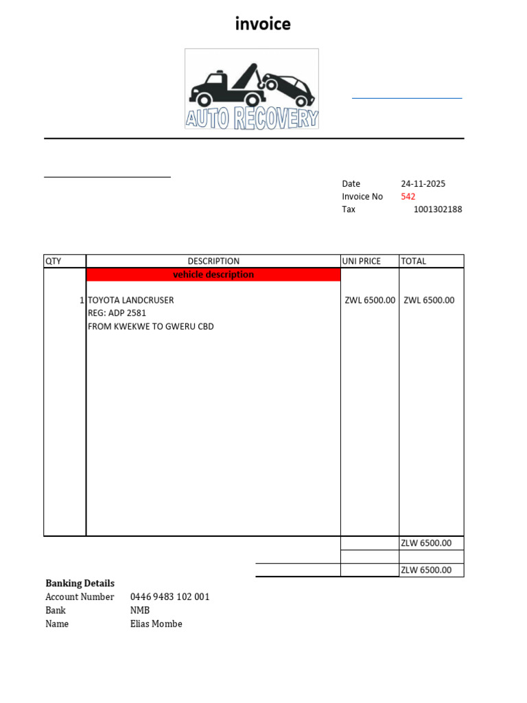 Towing Invoice for Vehicle Recovery | PDF