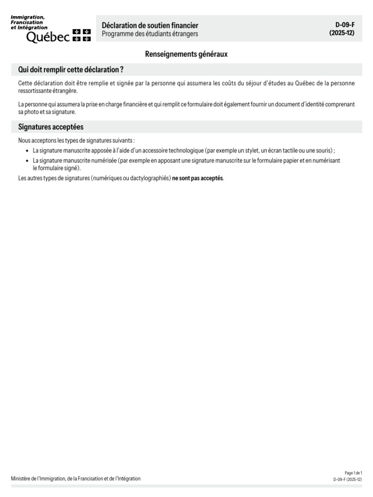 Déclaration de soutien financier CAQ | PDF | Québec | Passeport