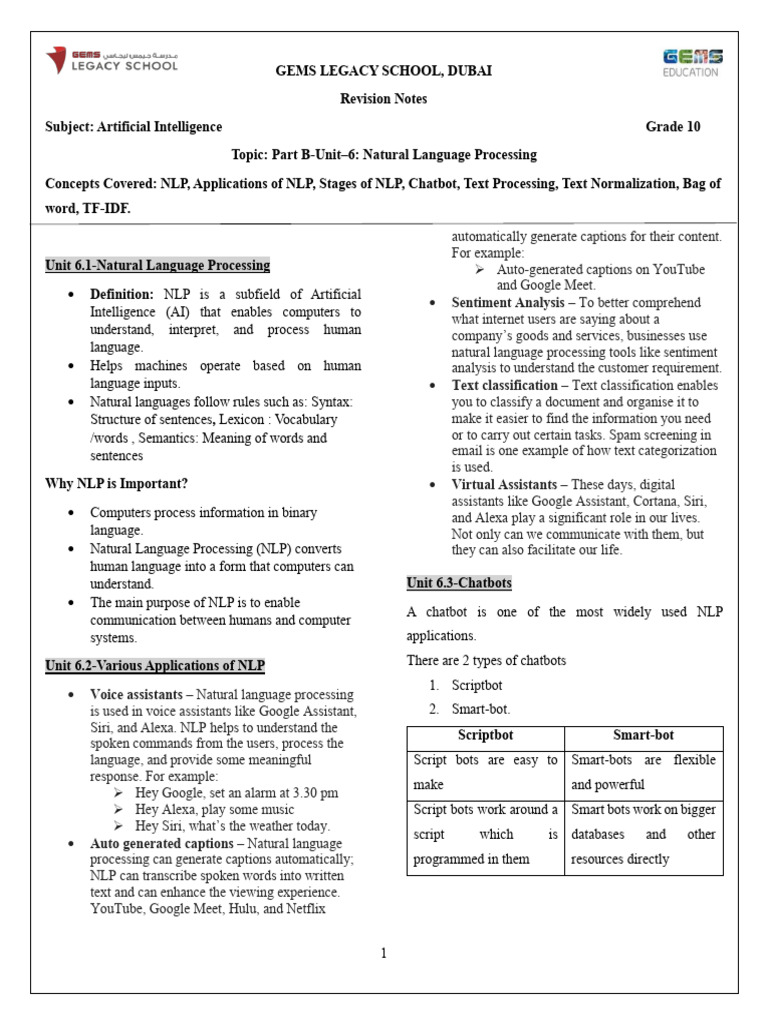 G10_AI_Revision Notes_PartB-Unit 6-Natural Language Processing | PDF ...