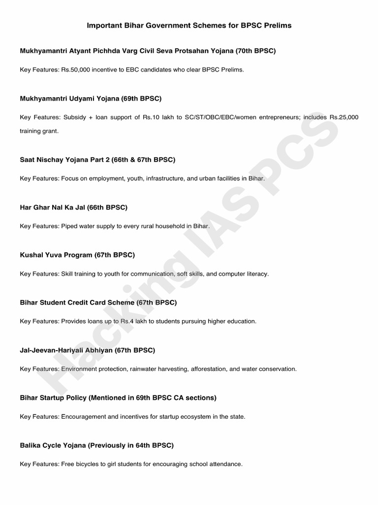 IMP Bihar Government Schemes For BPSC | PDF