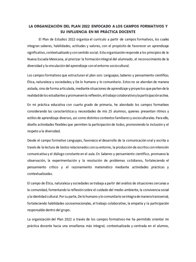 Plan 2022: Campos Formativos en Educación | PDF | Plan de estudios ...