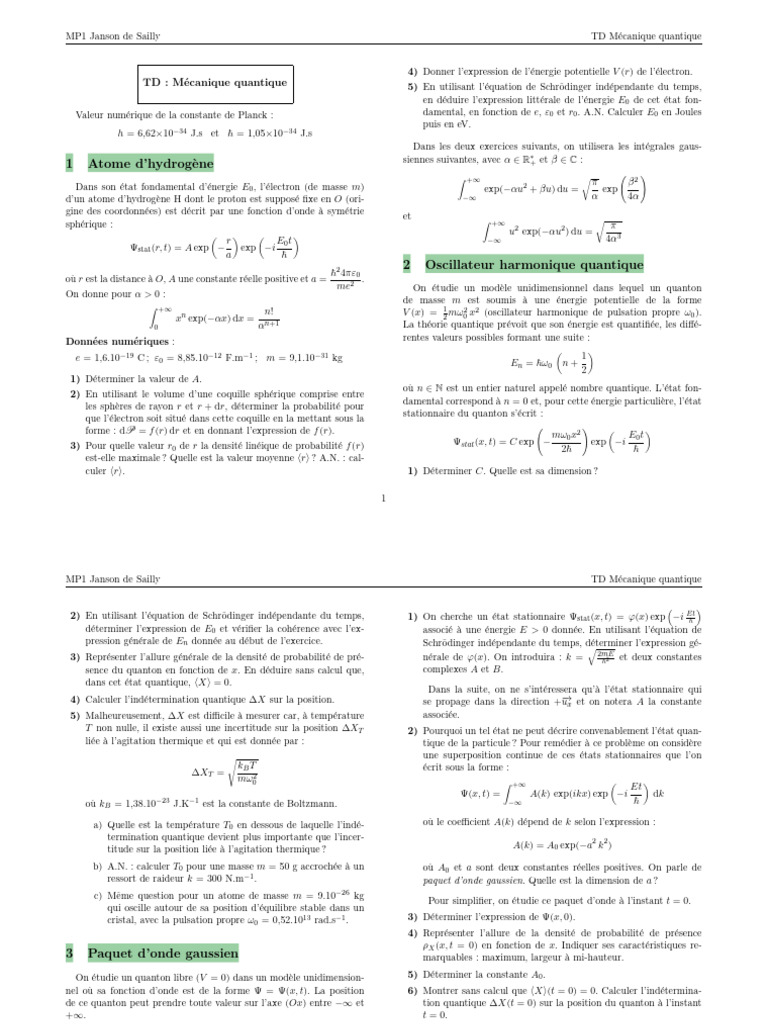 TD de Mécanique Quantique : Atome et Oscillateur | PDF | Mécanique ...