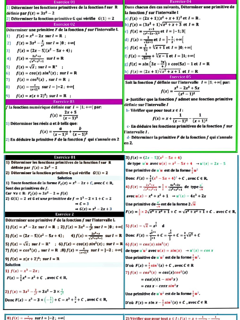 Fonctions primitives et exercices de calcul | PDF | Analyse ...