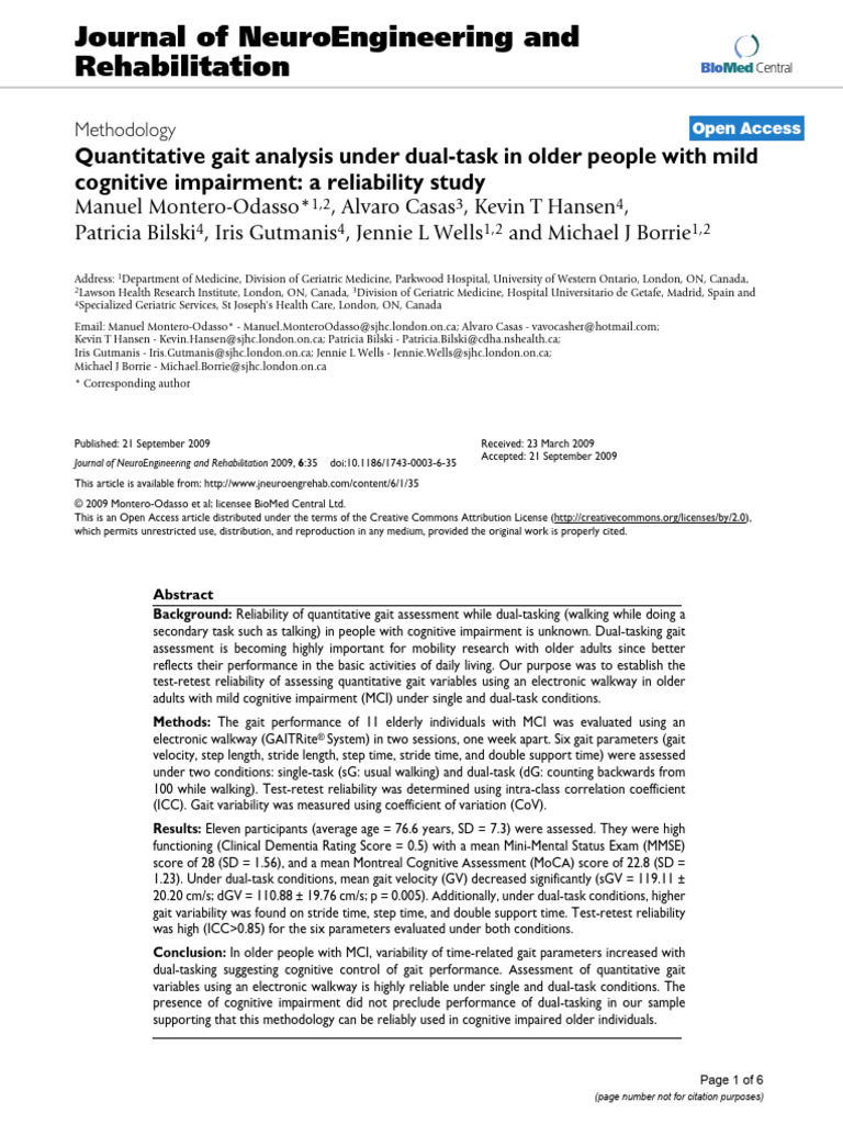 Gait Analysis Reliability in Older Adults | PDF | Geriatrics | Dementia