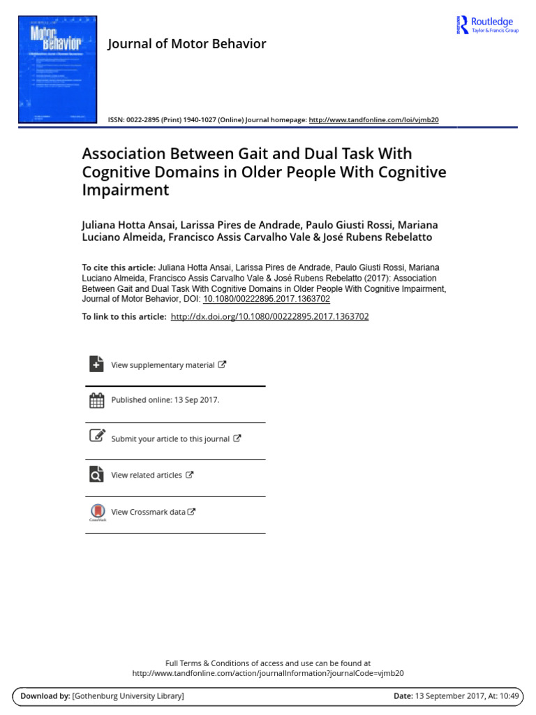 Gait, Dual Task, and Cognition in Aging | PDF | Dementia | Neurology