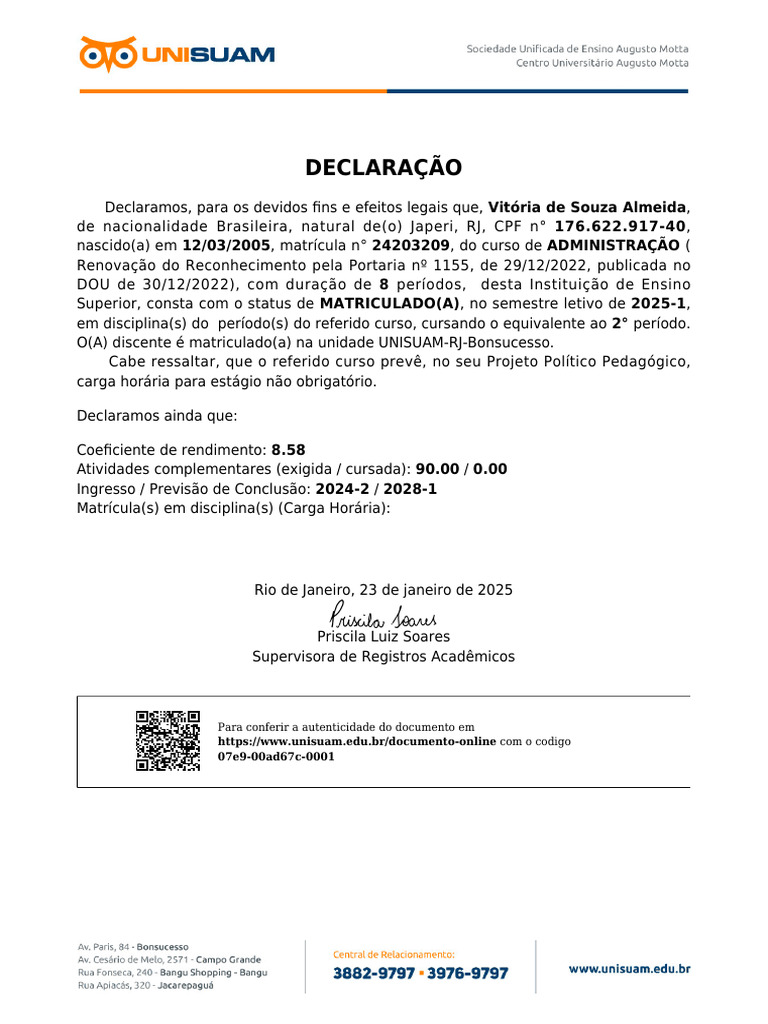 Declaração de Matrícula UNISUAM 2025 | PDF