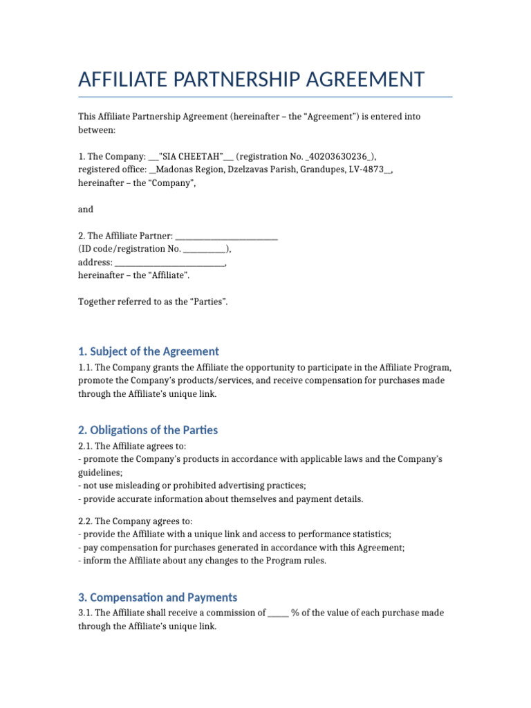 Affiliate Partnership Agreement Template | PDF | Partnership | Business