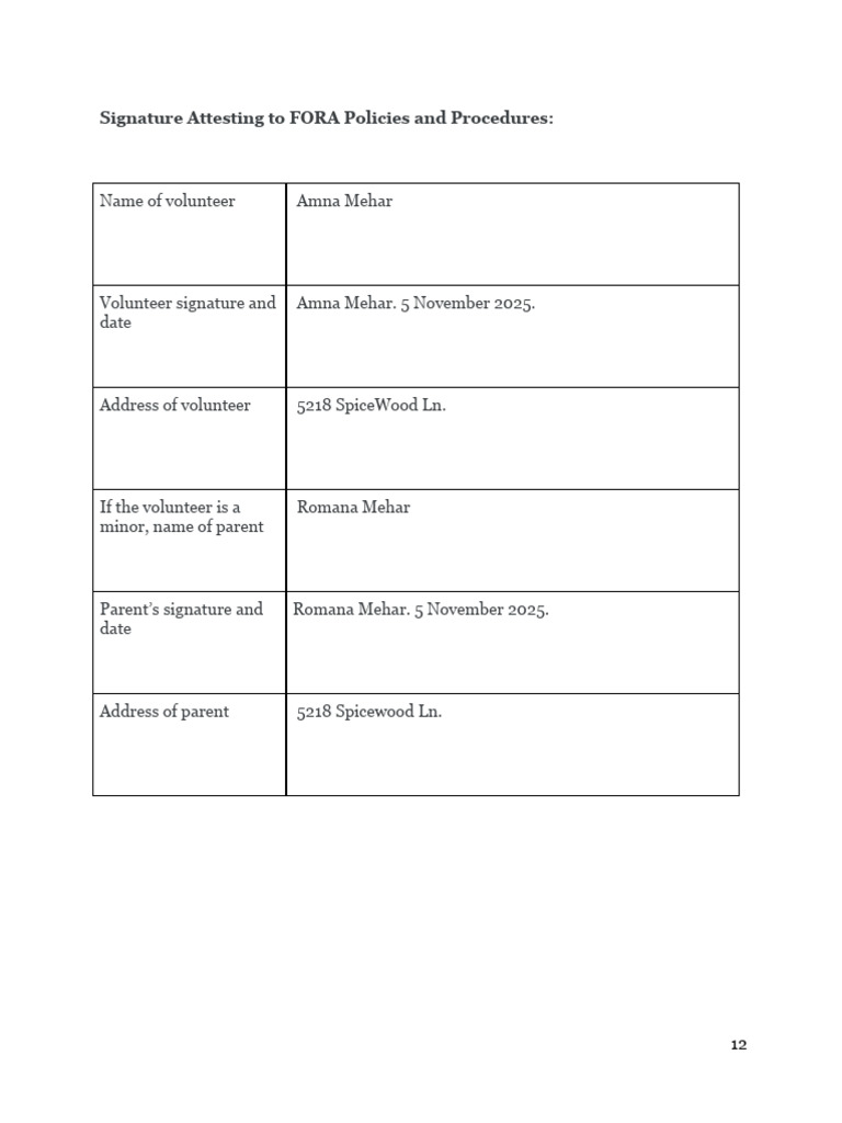 FORA Volunteer Signature Form | PDF