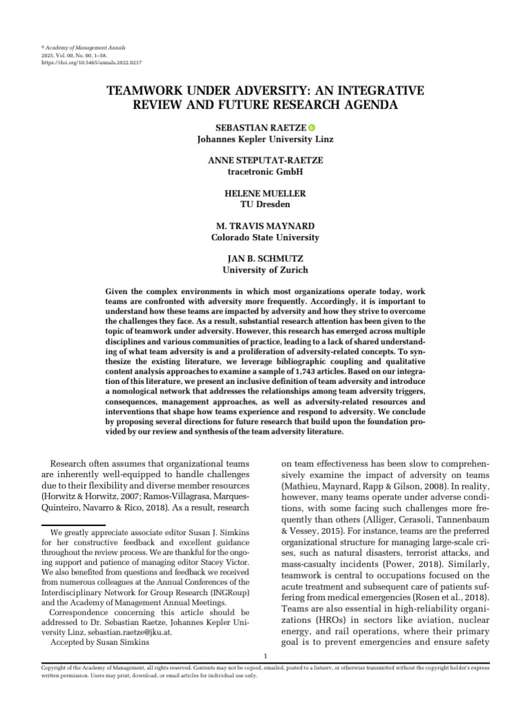 Raetze (2025) Teamwork Under Adversity | PDF | Stress (Biology ...