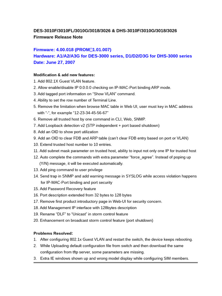DES-3000 Series Firmware Release Notes | PDF | System Software ...