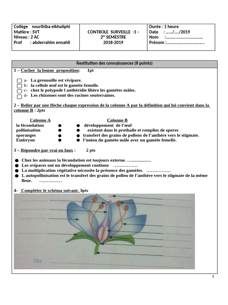 Contrôle SVT 2AC - Fécondation et Reproduction | PDF | Fécondation ...
