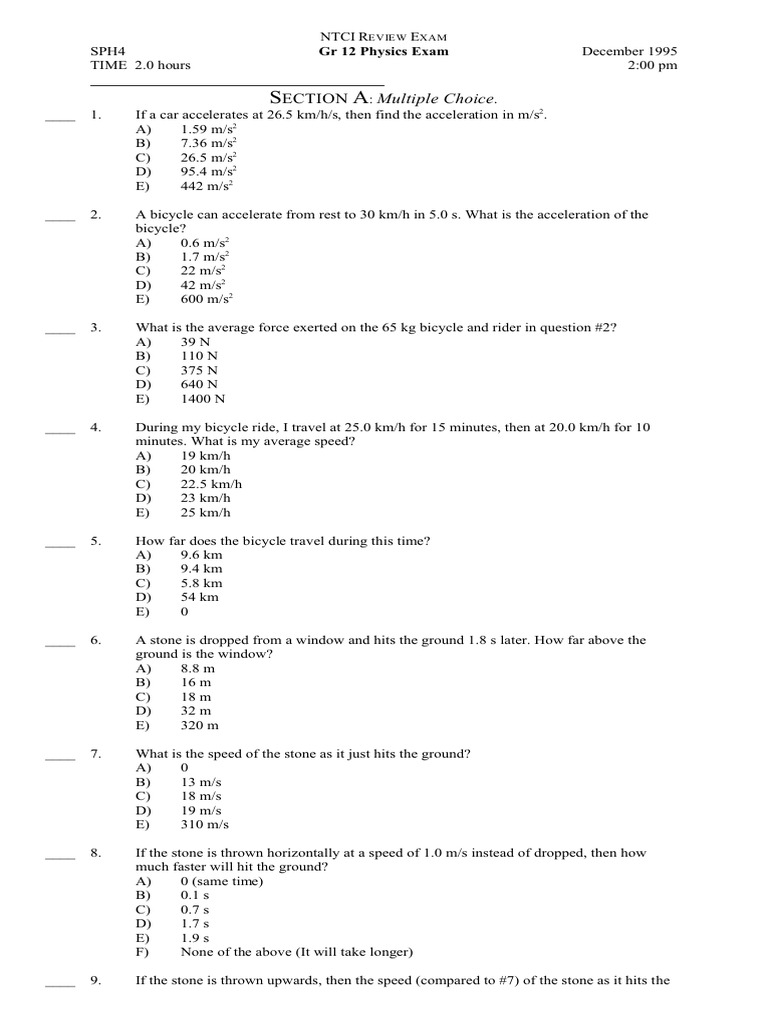 Grade 12 Physics Review Exam 1995 | PDF | Force | Acceleration