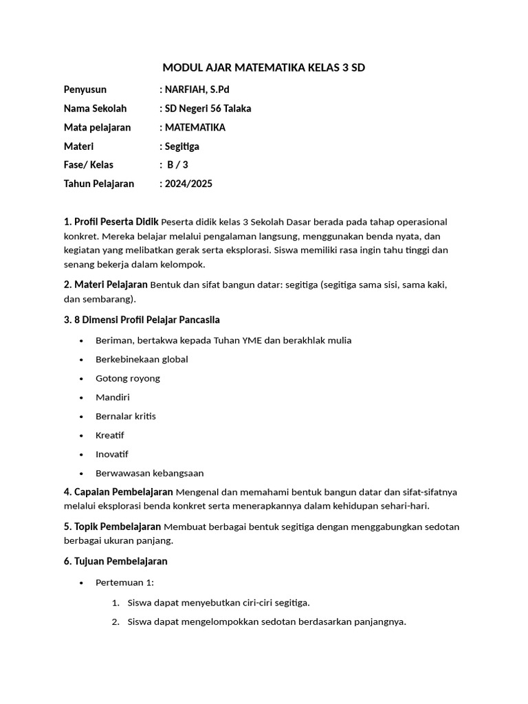 Modul Ajar Matematika Segitiga Kelas 3 SD | PDF