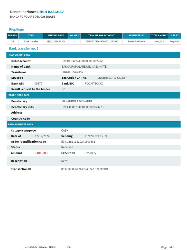 Bank Transfer Details for Singh Raghav | PDF