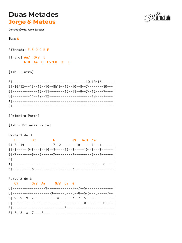 Letra e Tab de "Duas Metades" - Jorge & Mateus | PDF | Música gravada ...