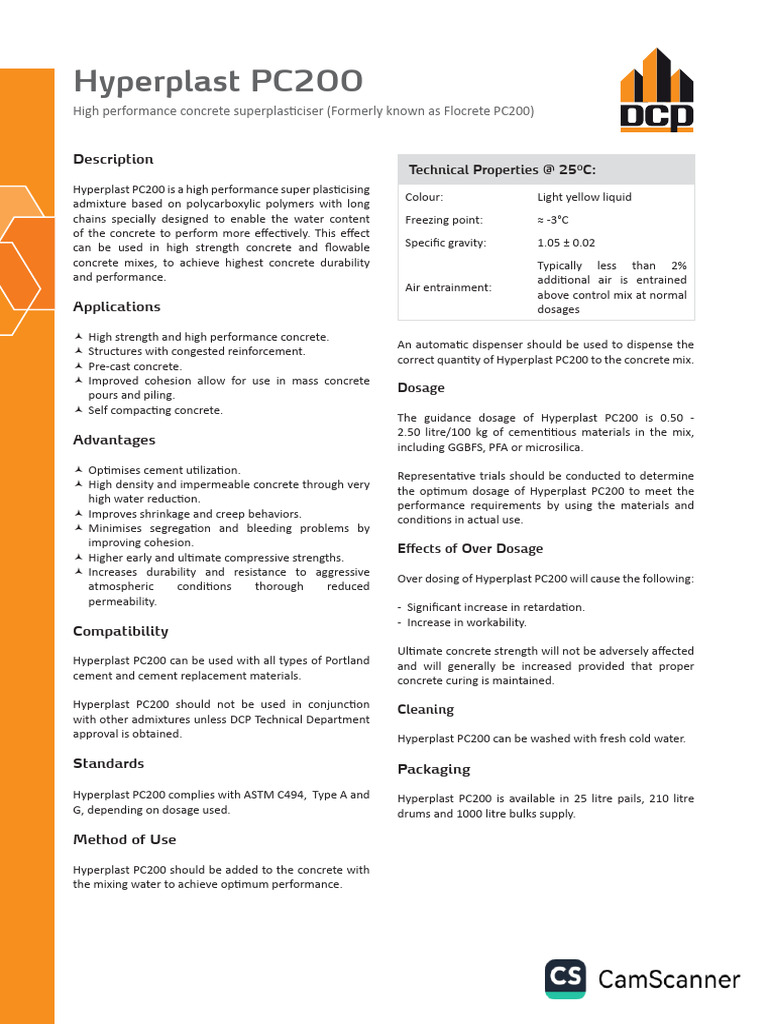 Hyperplast PC200 TDS | PDF | Concrete | Cement