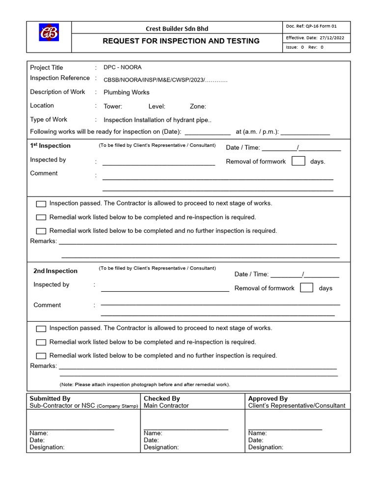 Hydrant Pipe Inspection Request Form | PDF | Hydraulic Engineering ...