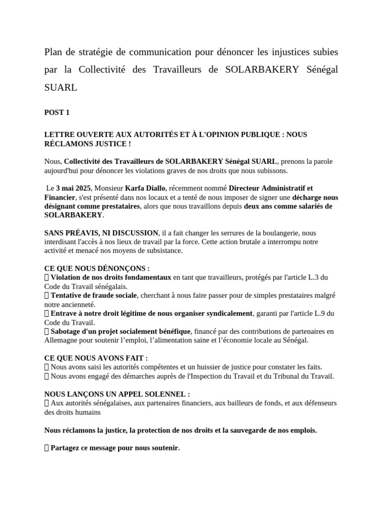 Injustices des Travailleurs de SolarBakery | PDF | Droit du travail