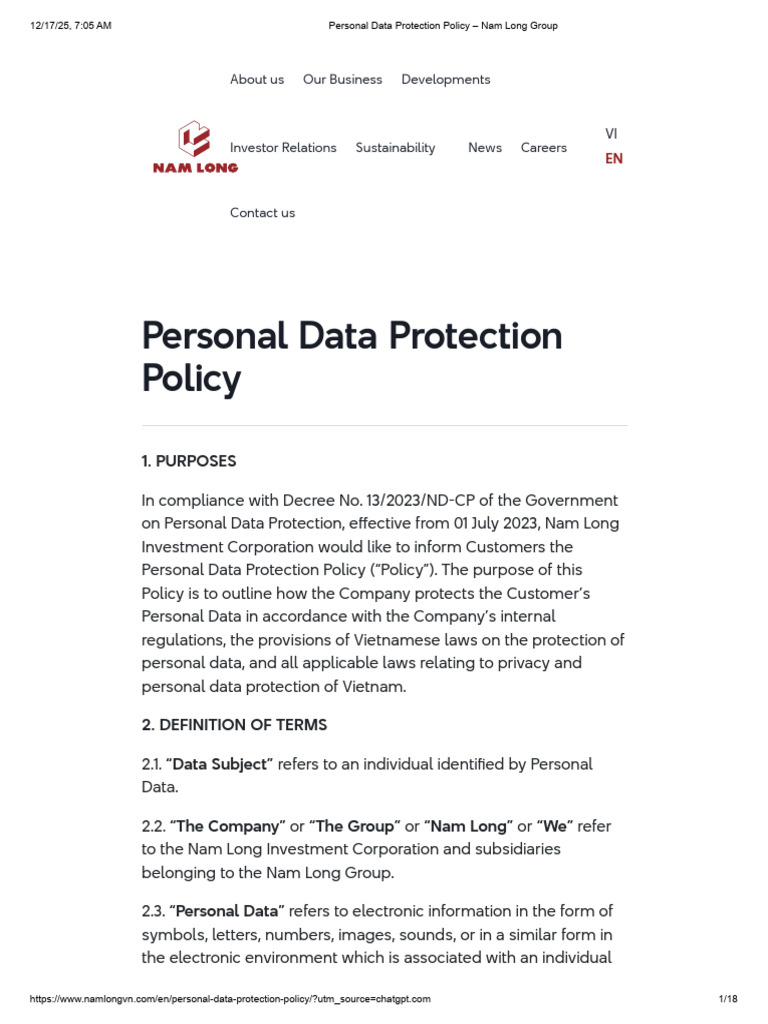 Nam Long Personal Data Protection Policy | PDF | Identity Document ...