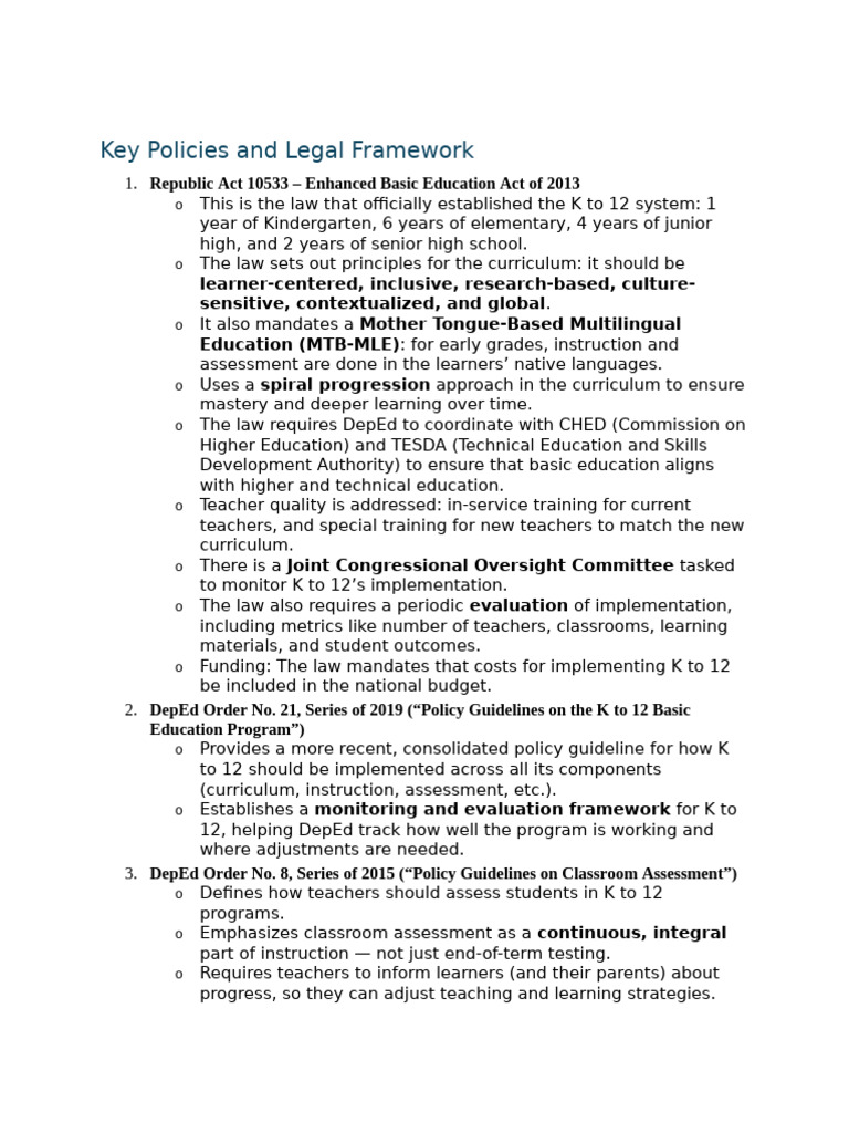 K to 12 Education Policies Overview | PDF | Educational Assessment ...