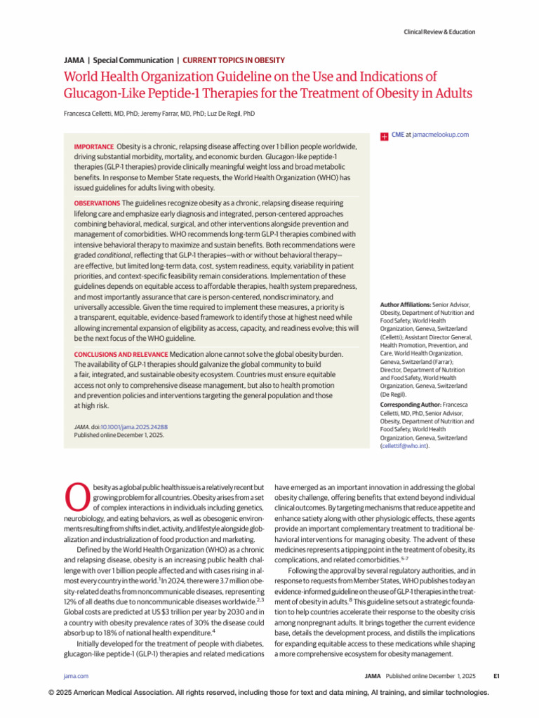 WHO Guidelines on GLP-1 for Obesity Treatment | PDF | Obesity | Chronic ...