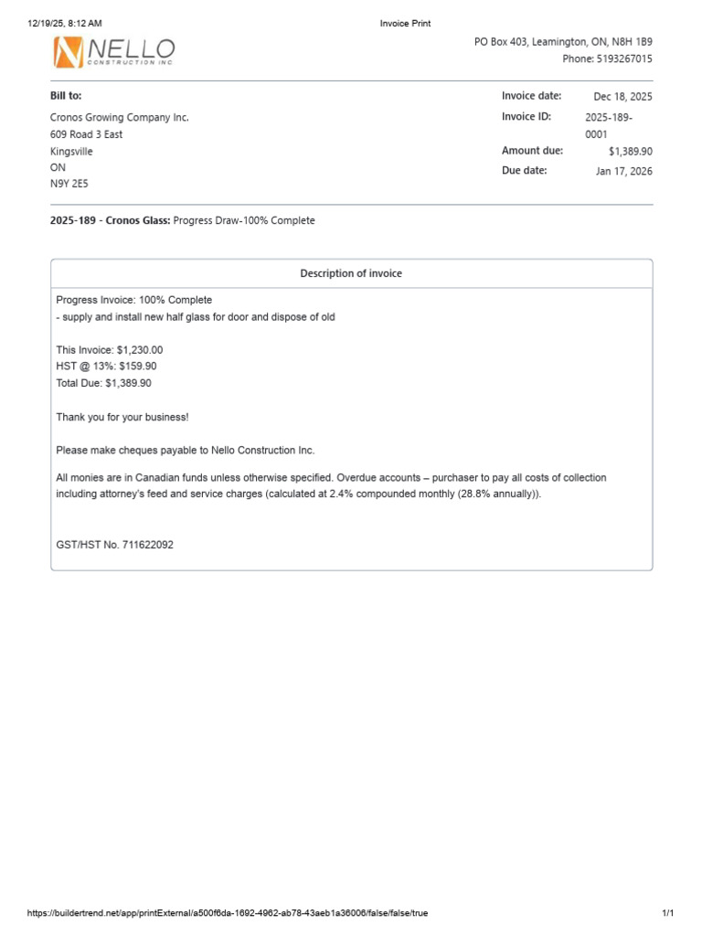 Invoice for Cronos Glass Installation | PDF