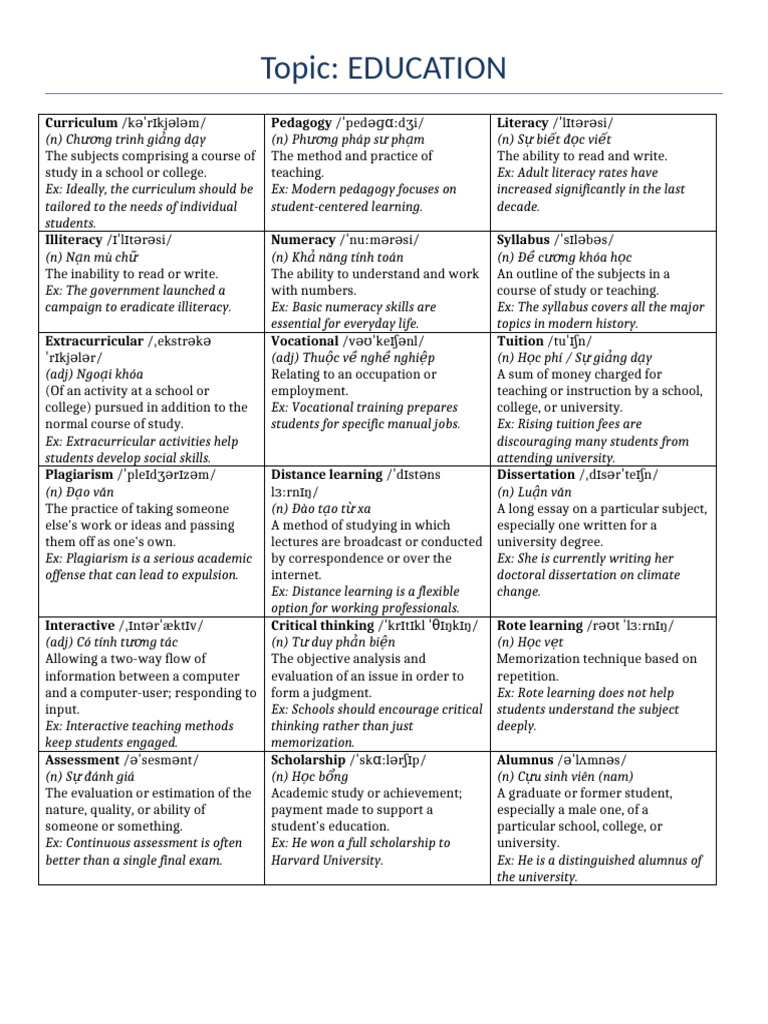 Key Education Terms Explained | PDF | Literacy | Learning