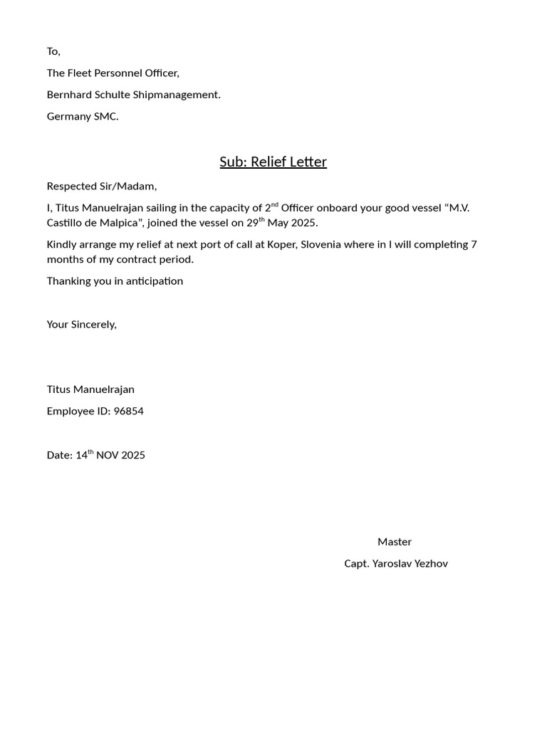 Relief Request for 2nd Officer M.V. Castillo | PDF