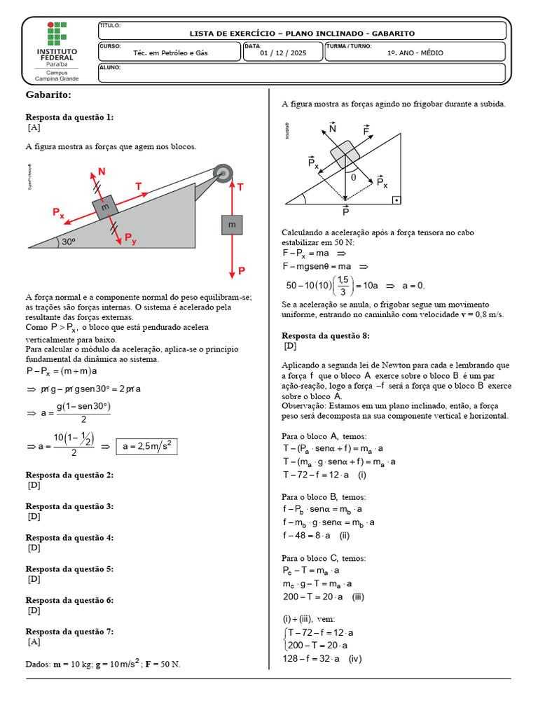 Gabarito de Exercícios: Plano Inclinado | PDF | Força | Leis do ...
