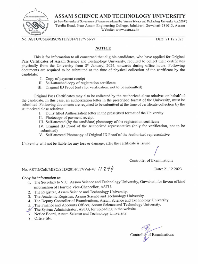 Notice Regarding Collection of Original Pass Certificate | PDF