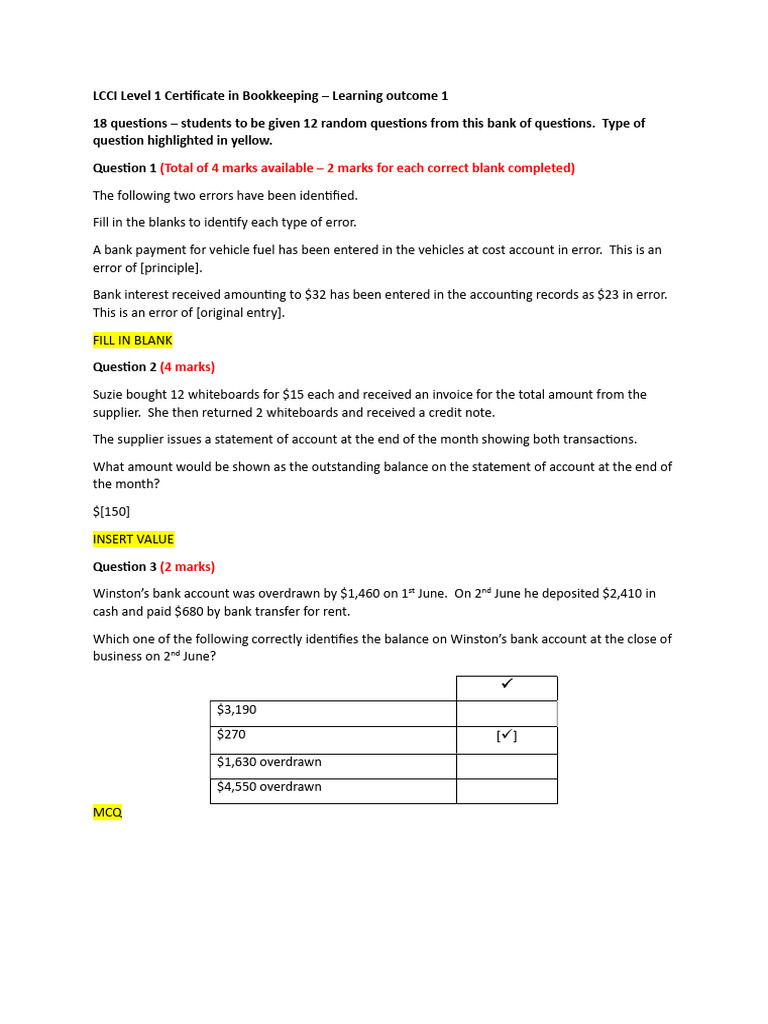 LCCI Level 1 Bookkeeping Exam Questions | PDF | Debits And Credits ...
